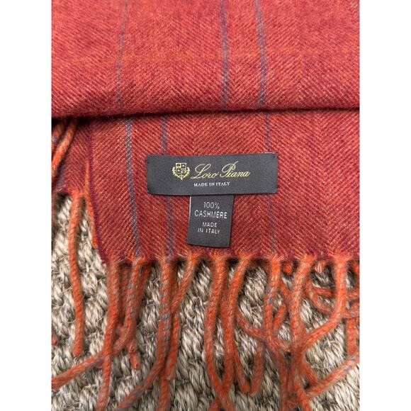 Loro Piana | 100% Cashmere Scarf | Burnt Orange Pinstripe - Picture 6 of 7